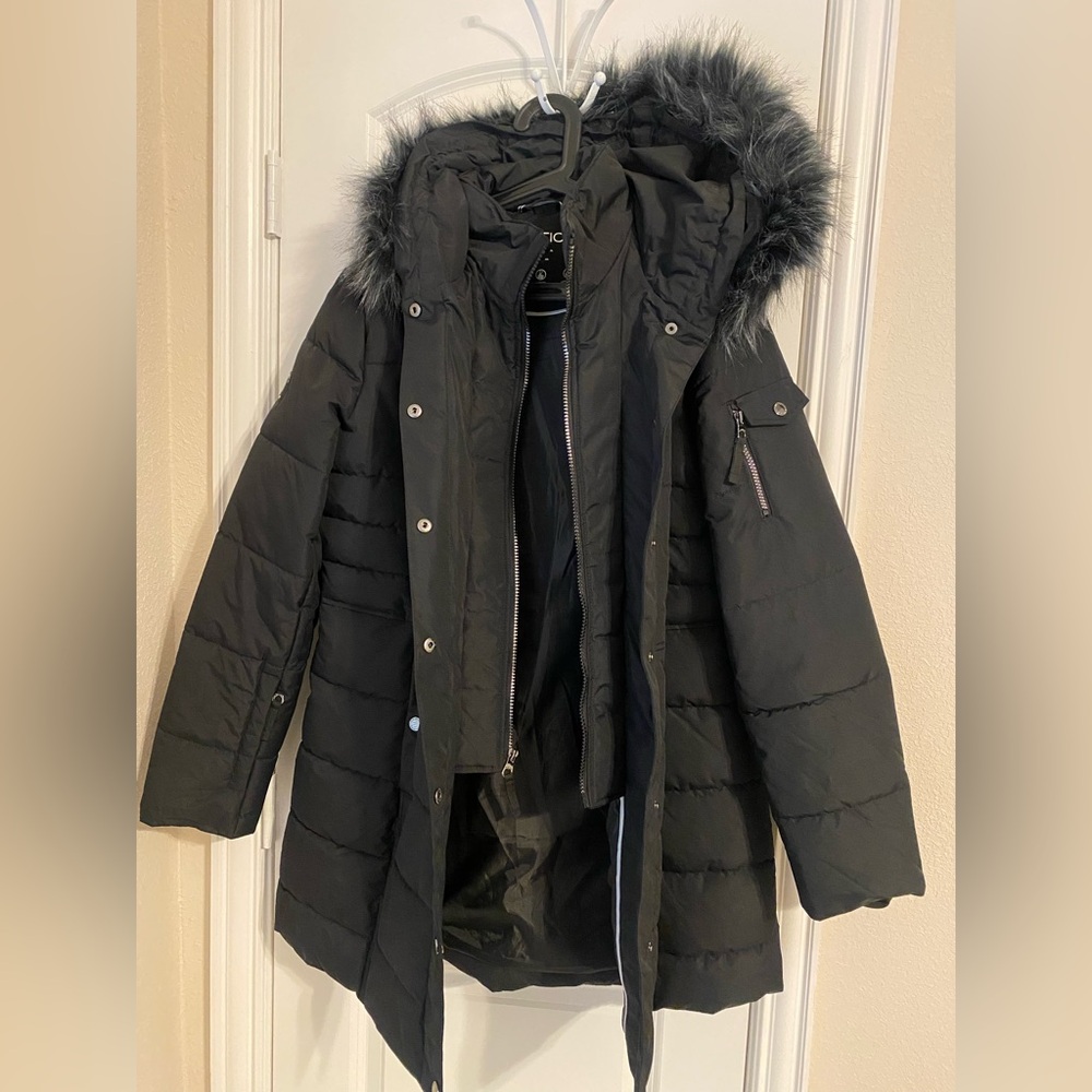 Nautica Women's Black Puffer Jacket with Faux Fur Trim